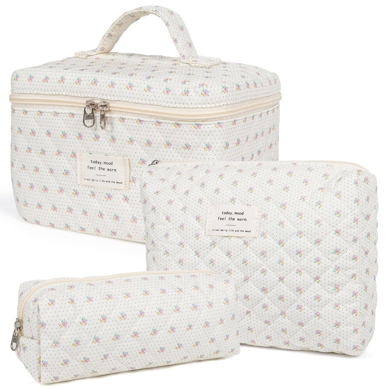 honitty Makeup Bag,Quilted Cosmetic Bags,Large Floral Make Up Organize bag,Makeup Bag Set for Women,Flower Travel Toiletry Bag - Image 1